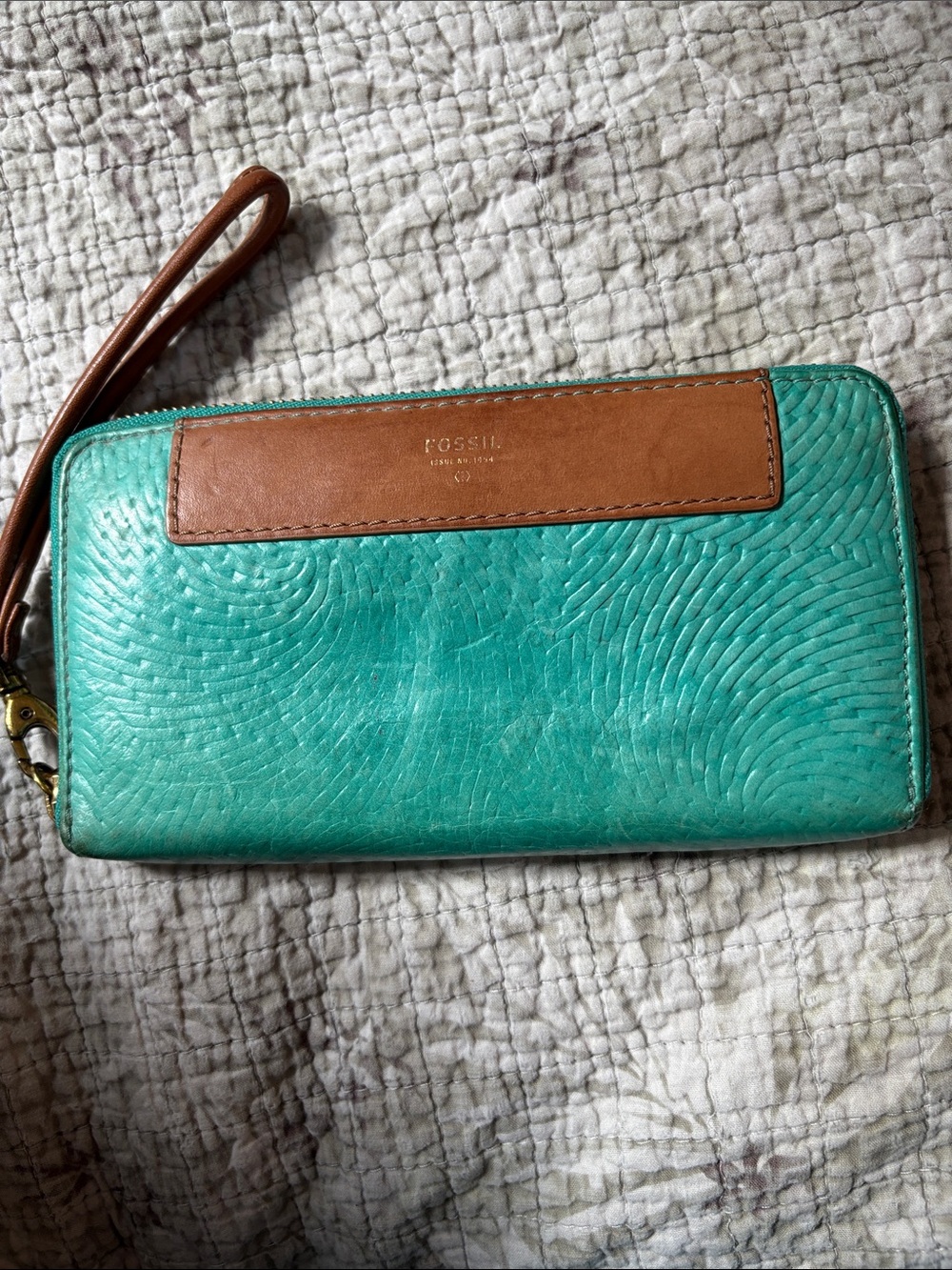 Fossil Turquoise Leather Zip Wristlet with Brown Leather Accent